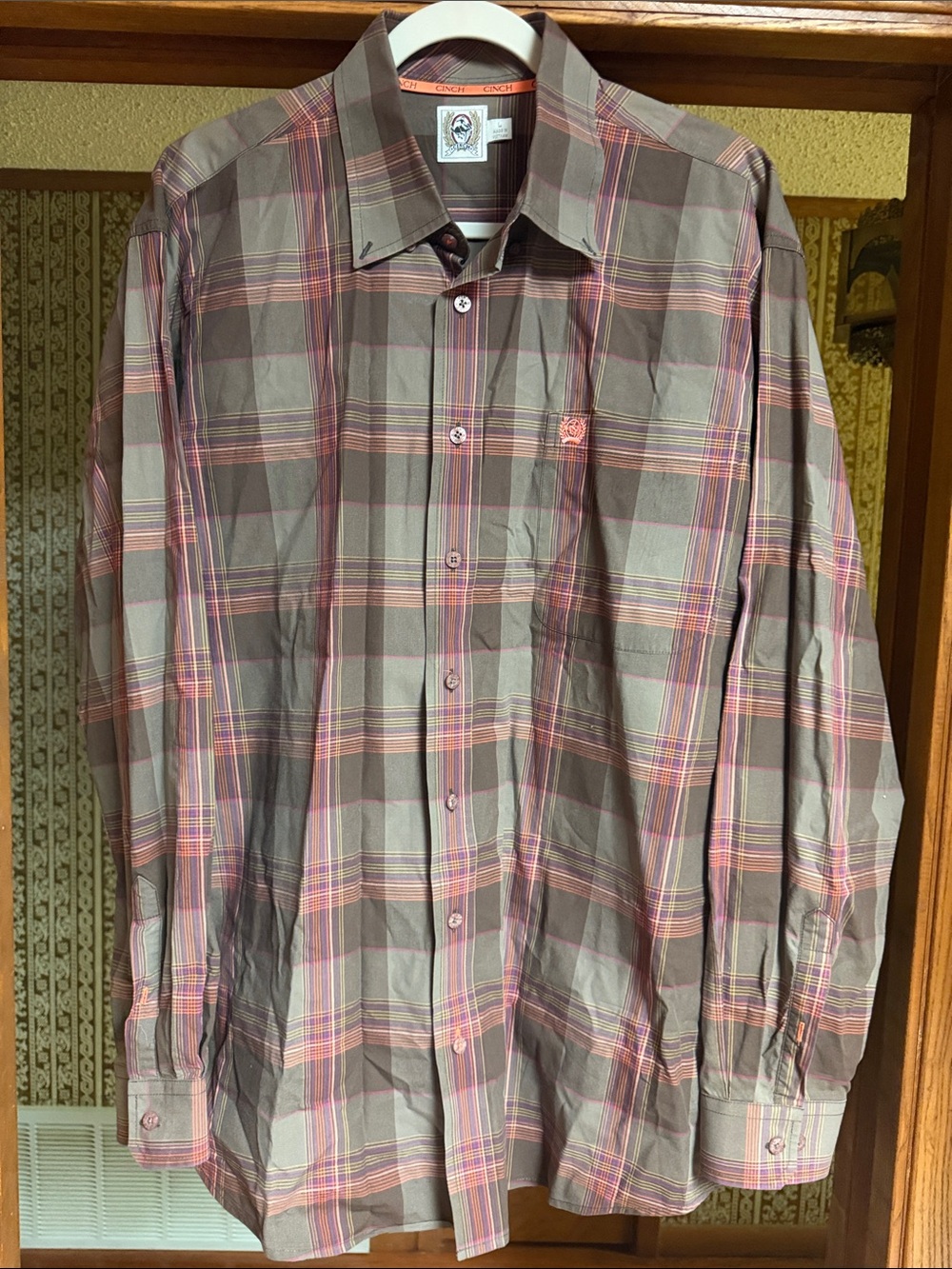 Cinch Plaid Button-Down Shirt in chocolate Brown and Pink. L